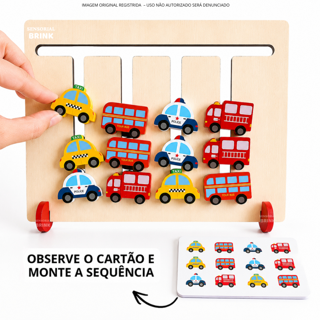 Sequência de Carrinhos Brinquedo Educativo Montessori Coordenação Motora Infantil - Painel interativo Pedagógico