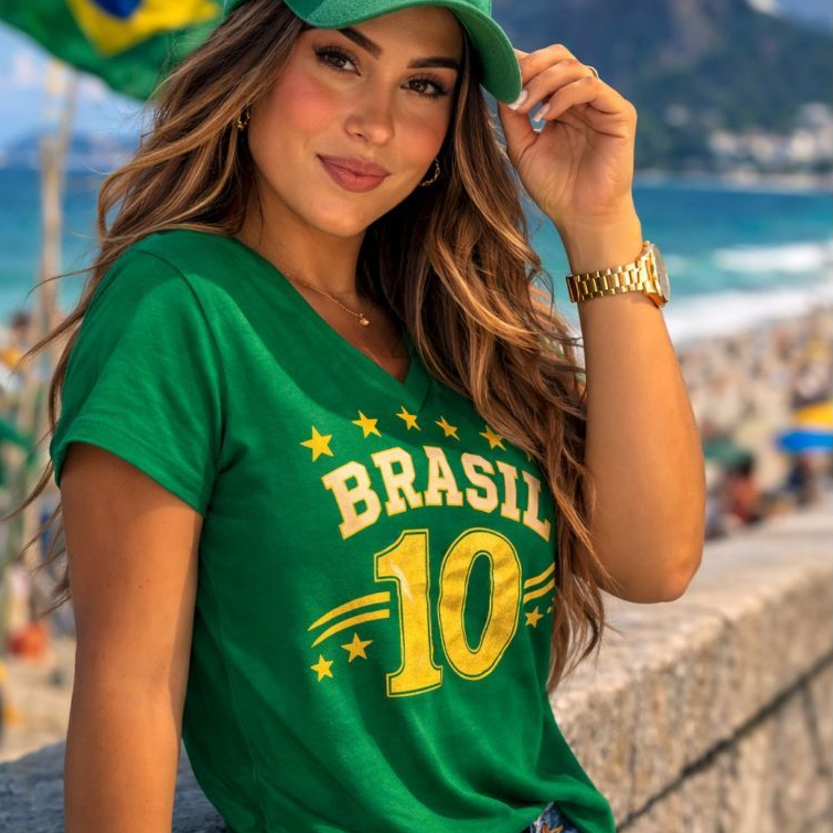 Blusa Brasil Feminina Estilosa Camiseta Decote V Tendência Copa Tecido Viscolycra M ao G2Pluz size