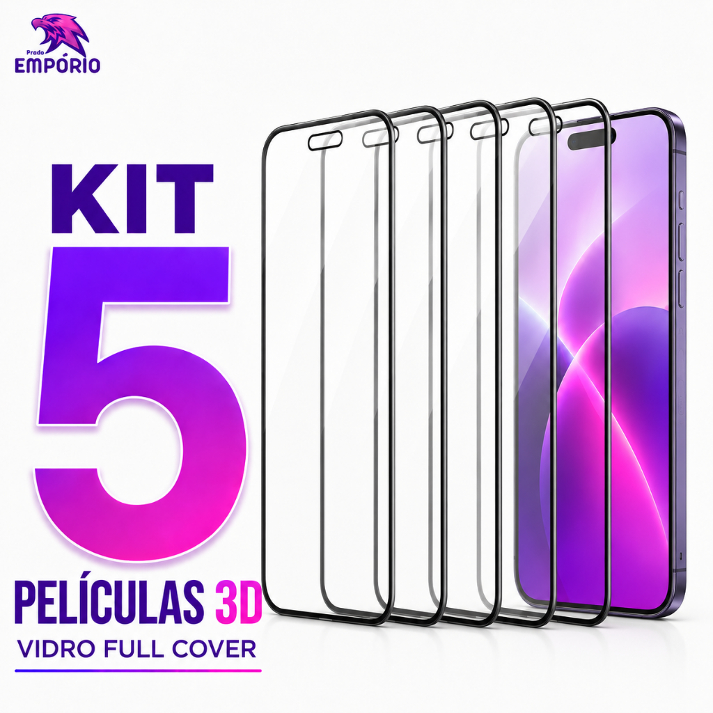 Kit 5 Películas 3D Vidro Full Cover iPhone 11 12 13 14 15 16 17 Pro Max Plus Tel