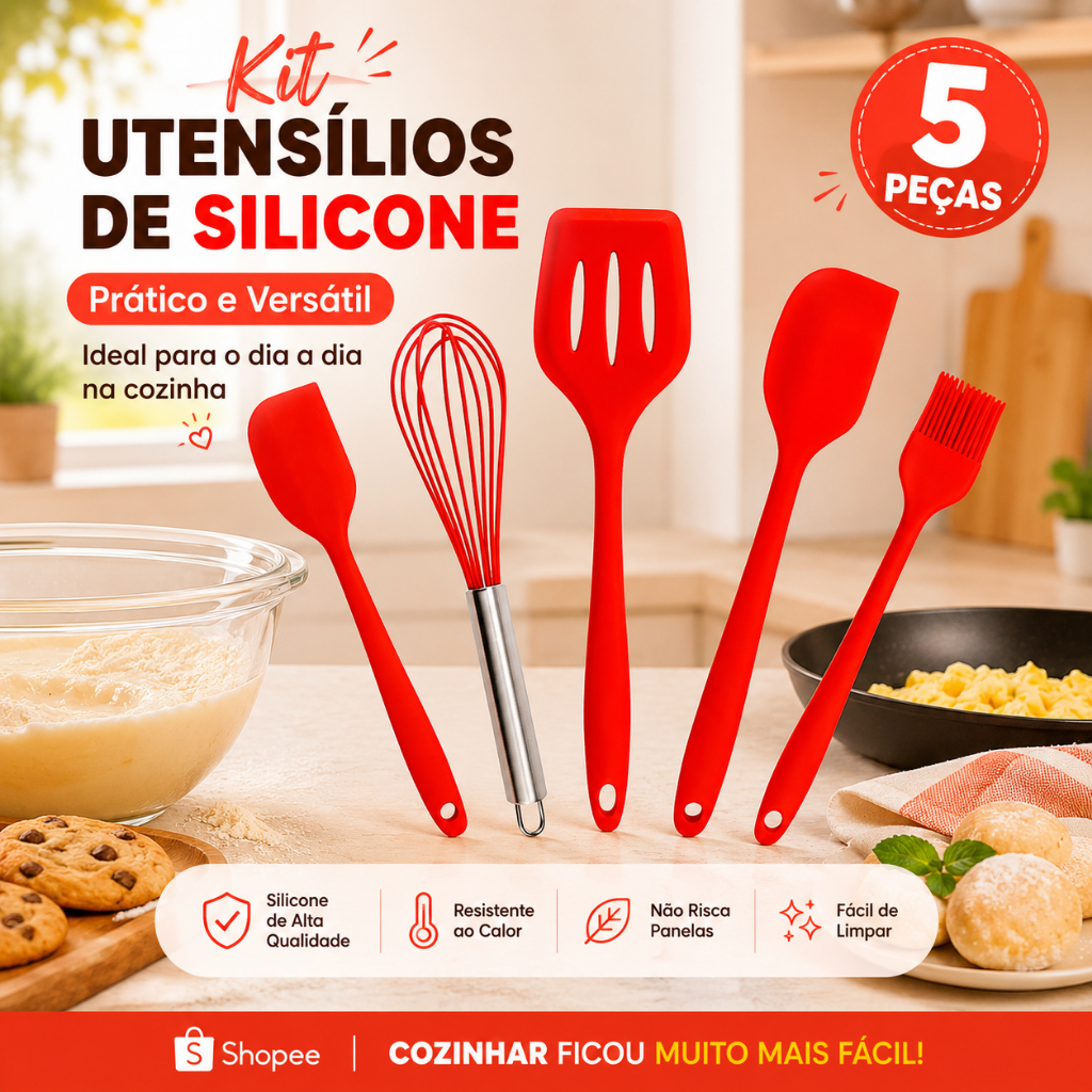 Kit Utensilios Silicone Cozinha 5 Pecas Conjunto Resistente Antiaderente Colorido