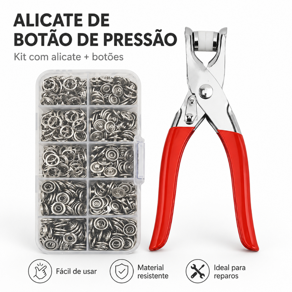 Kit Alicate Aplicador Com 100 Botões De Metal Pressão Para Costura Roupa De Bebê Artesanato Completo