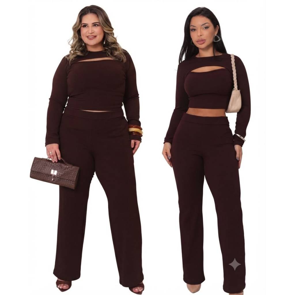 Conjunto Feminino Canelado Plus Size Calça Reta Cintura Alta E Cropped Abertura Frontal Manga Longa Canelado Lindo