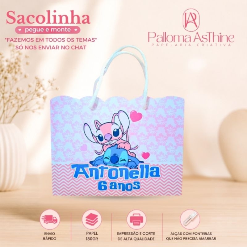 Sacolinha pegue/monte Stith lembrancinha personalizada aniversário 20x15x7cm *todos os temas*