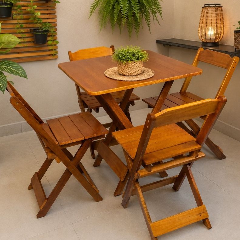 Kit Jogo De Mesa de Madeira Dobrável 70x70 C/ 4 Cadeiras Madeira Maciça Multiuso Varias Cores