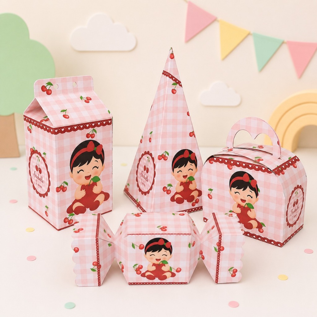 Kit Caixinhas Tema Cerejinha Personalizadas 4 Modelos Milk Pirâmide Maleta Bala - Ideal para Lembrancinha de Aniversário
