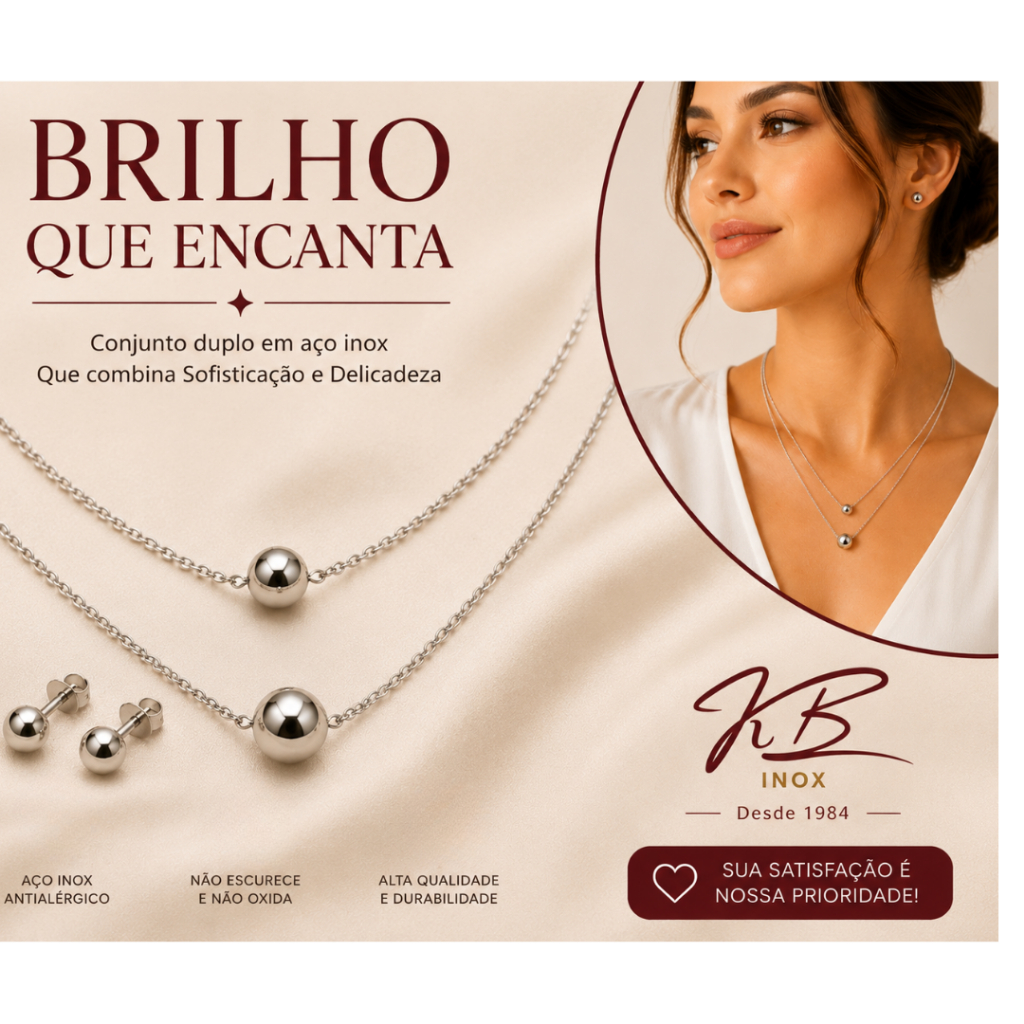 Colar Duplo Feminino BOLA AÇO inox 5/6mm com Brinco 6mm Corrente Cadeado 0,30 Diamantada Antialérgico 40/45 cm extensor