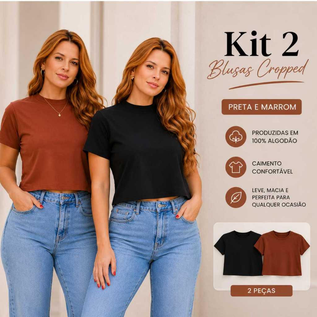 Kit 2 Blusas Croppeds Feminina Estilosa Gola Alta 100% algodão Premium Moda Tendência Casual Dia a Dia