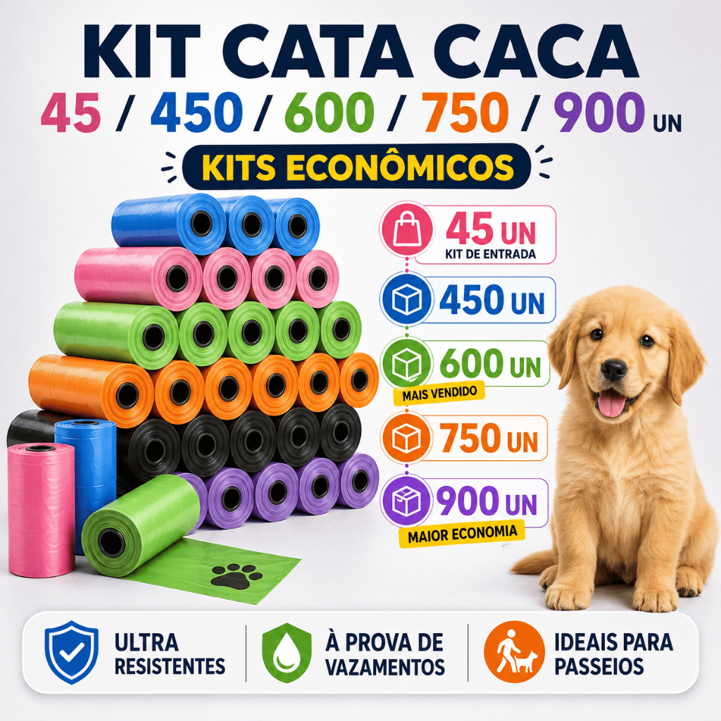 Kit Cata Caca 45/450/600/750/900 Saquinhos Higiênicos Refil Pets Ultra Resistentes para Cães e Gatos