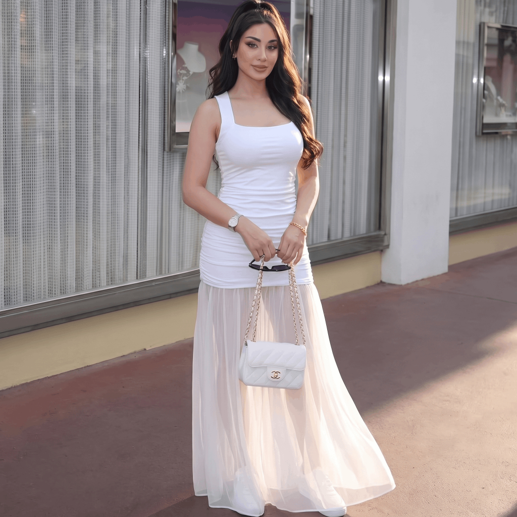 Vestido branco femenino Longo Suplex VIP com tule