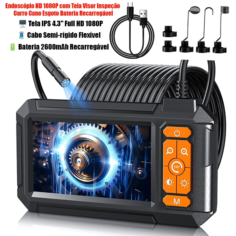 Endoscópio de 5 metros com câmera frontal HD, Câmera 1080P, À Prova D'água IP67 sonda de inspeção industrial
