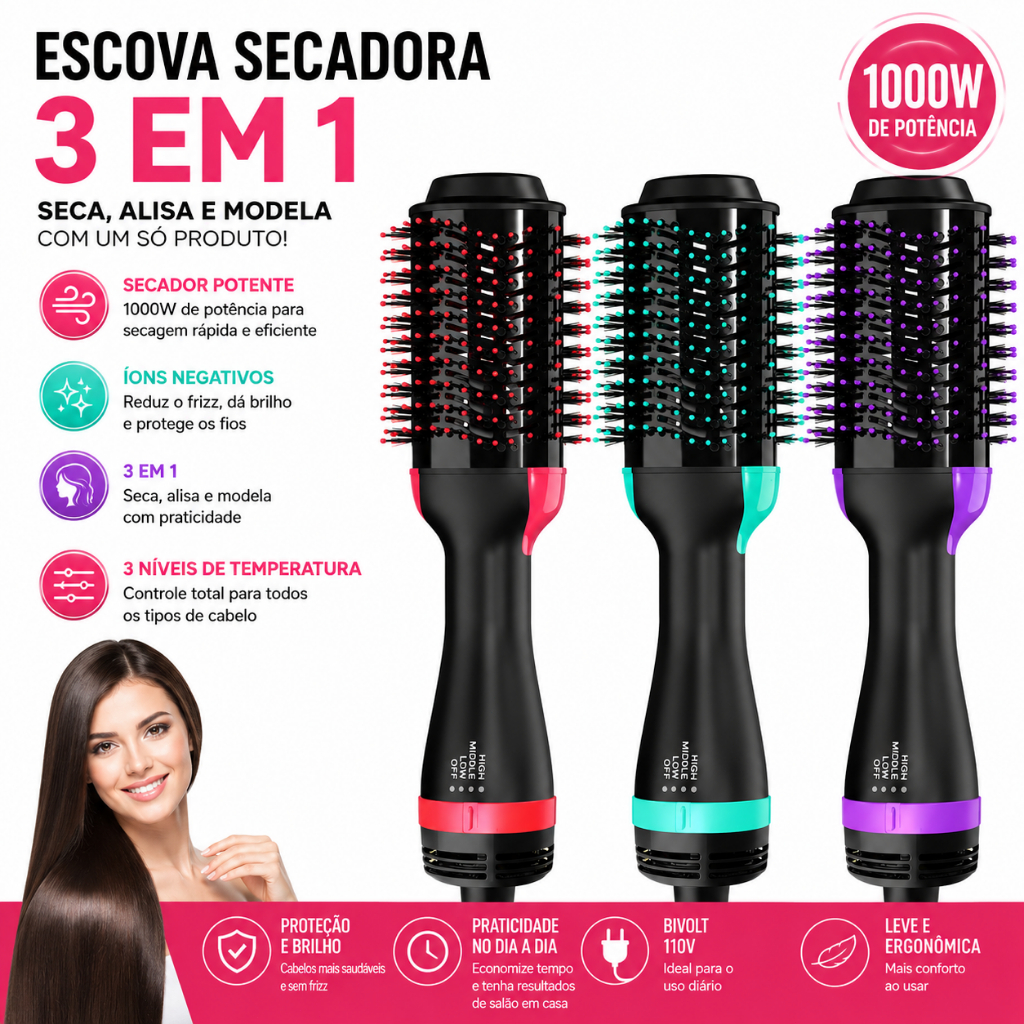 Escova Secadora 3 em 1 Profissional 1000W – Ar Quente, Íons Negativos, Alisador e Modelador 110V