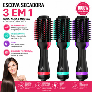 Escova Secadora 3 em 1 Profissional 1000W – Ar Quente, Íons Negativos, Alisador e Modelad…