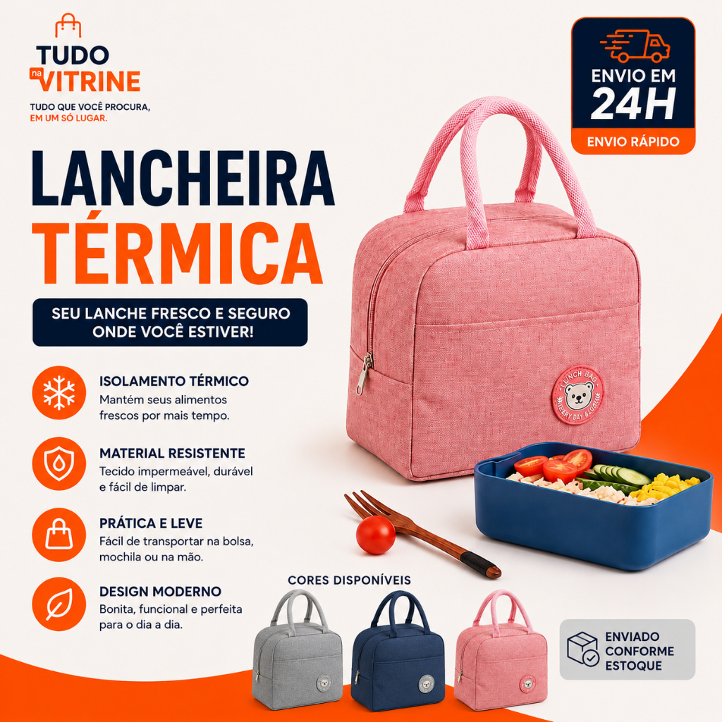 Lancheira Térmica Bolsa Marmita Impermeável com Zíper Alça Reforçada Conserva Alimentos Cores Sortidas