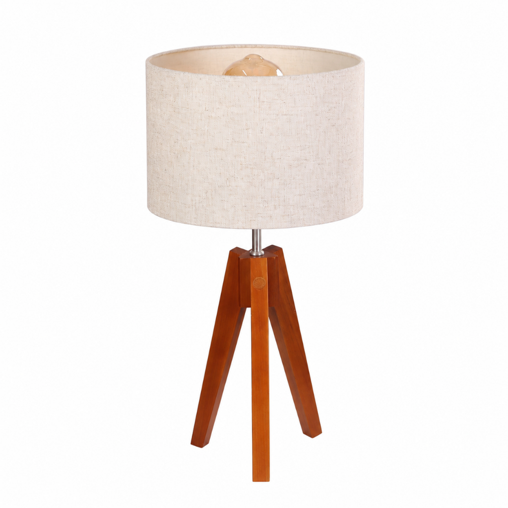 Abajur Luminária de Mesa Tripé em Madeira com Cúpula em Linho Bege Estilo Boho e Minimalista