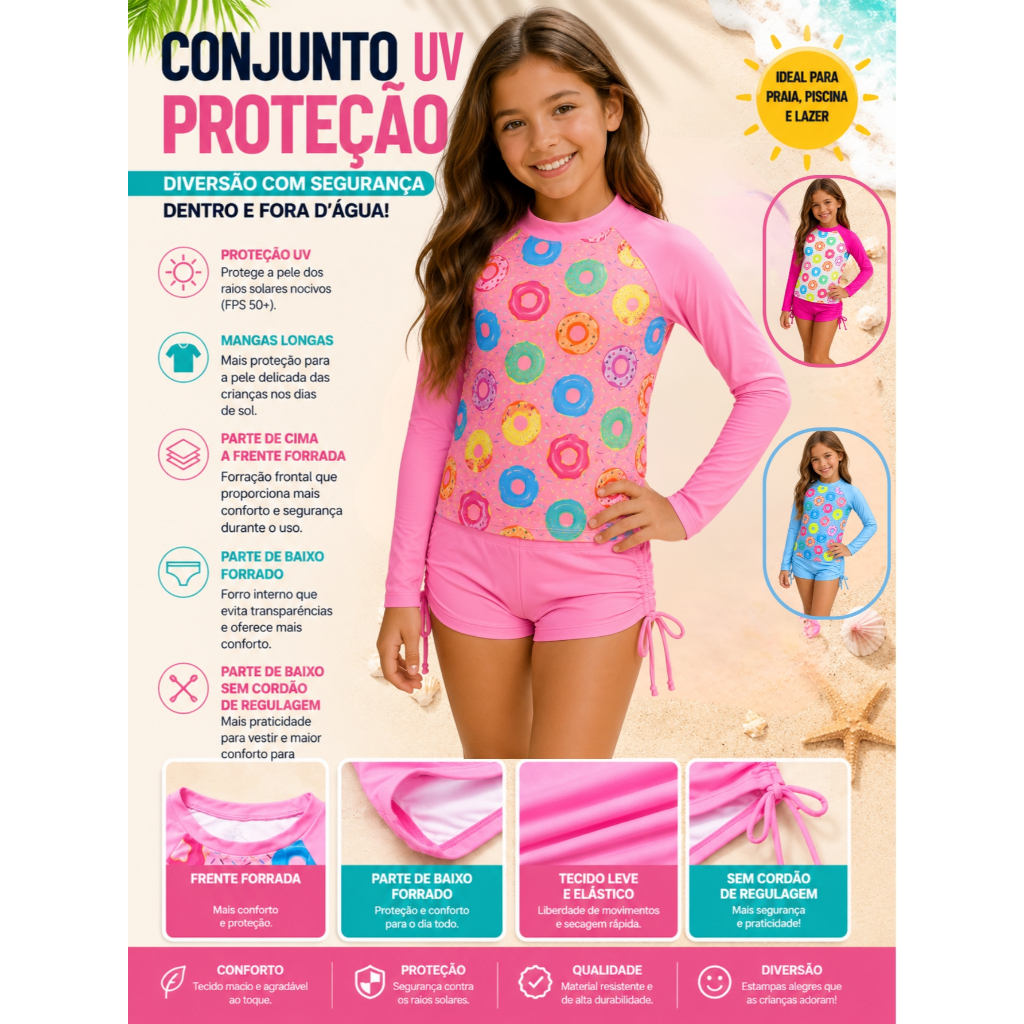 Biquini Infantil Menina Conjunto Praia Menina UV 50+ Camiseta Proteção Solar Manga Longa com Short