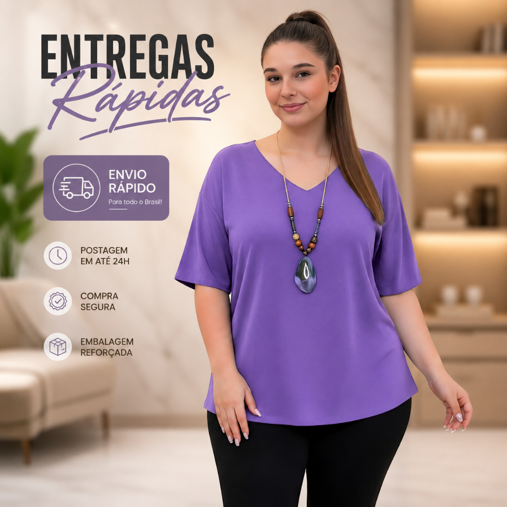 Plus Size Soltinha Manga Curta Feminina Gola V Duna Basico Verão