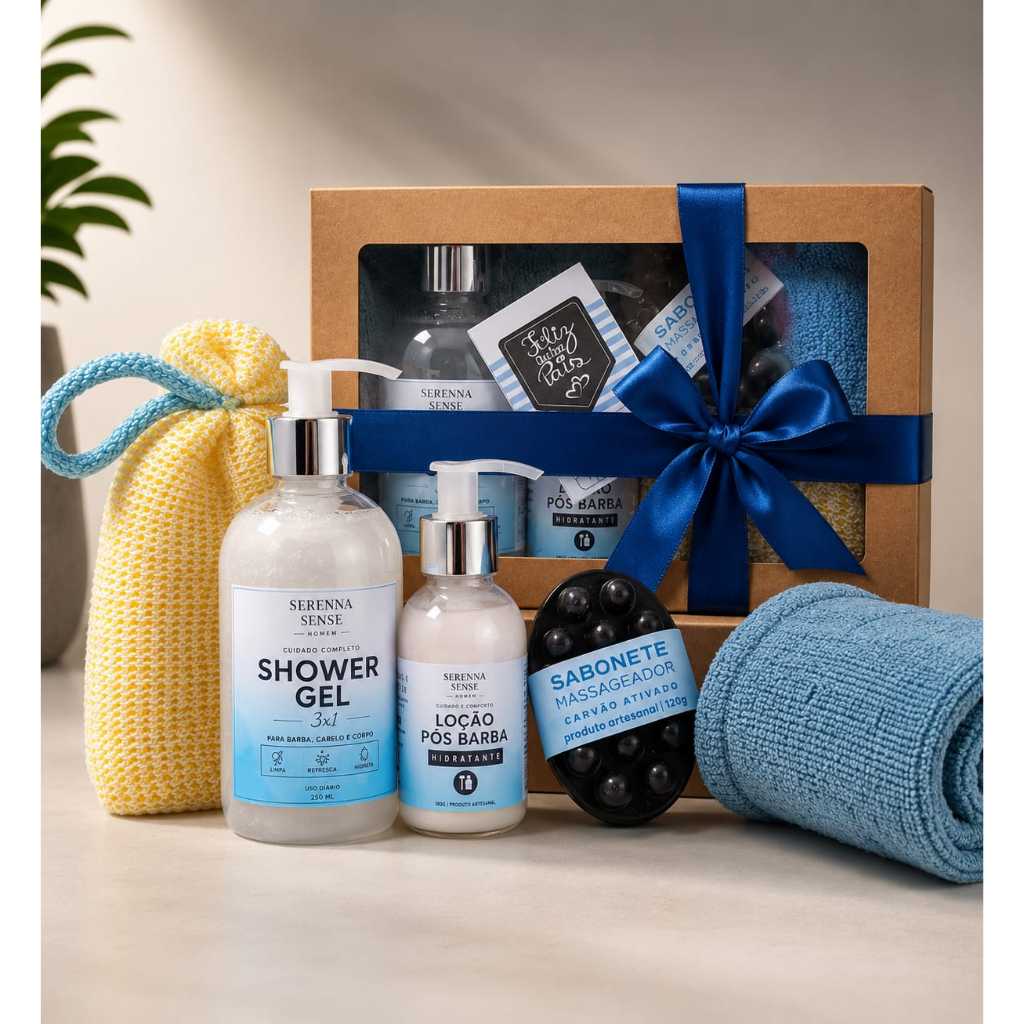 Kit Autocuidado Masculino Dia dos Pais 5 Peças Shower Gel, Loção Pós Barba, Sabonete Massageador, Toalha Fitness, Bucha