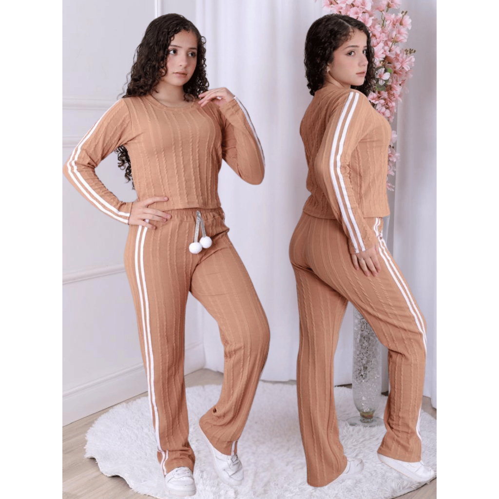 Conjunto Infantil Camiseta Manga Longa e Calça Pantalona Listrada Tecido Ribana Prime Inverno