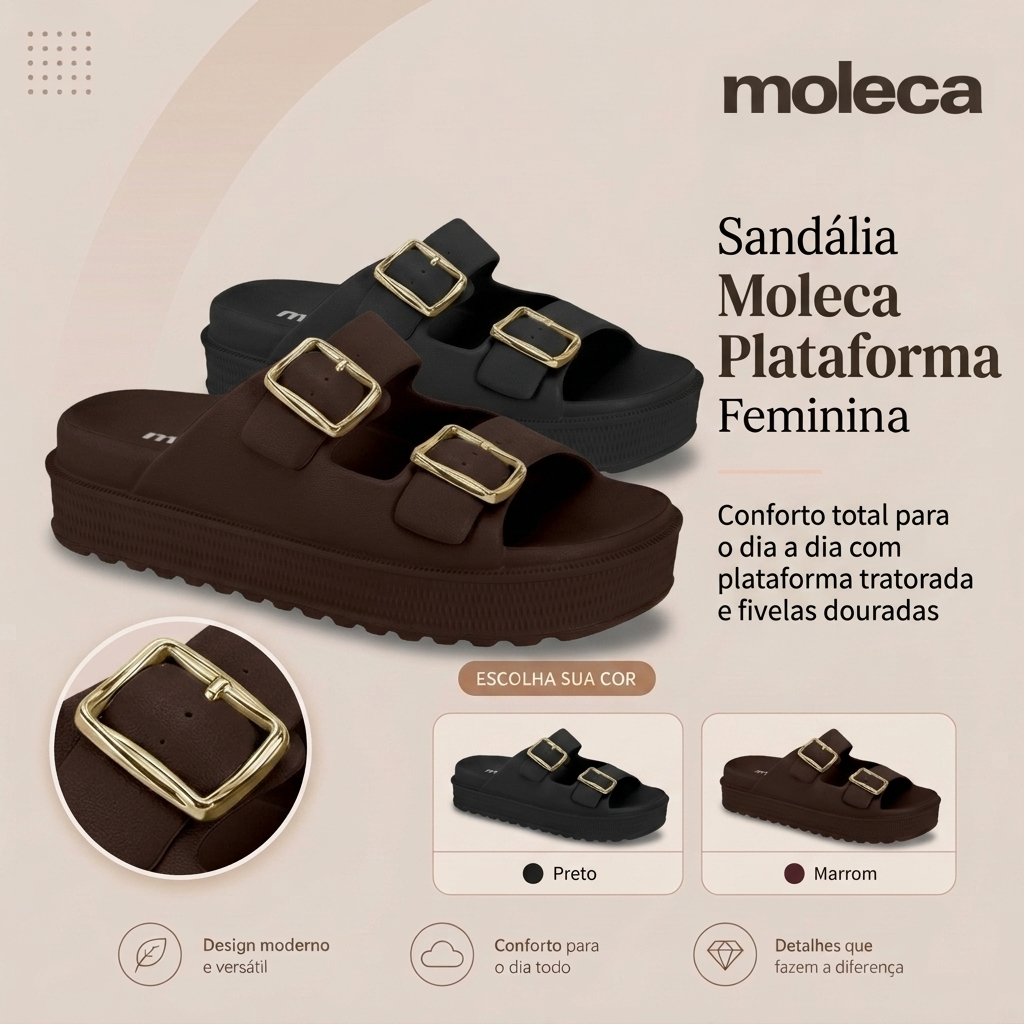 Sandália Papete Feminina Moleca Casual Tratorada Flatform Fivela Tiras Duplas Confortável Original