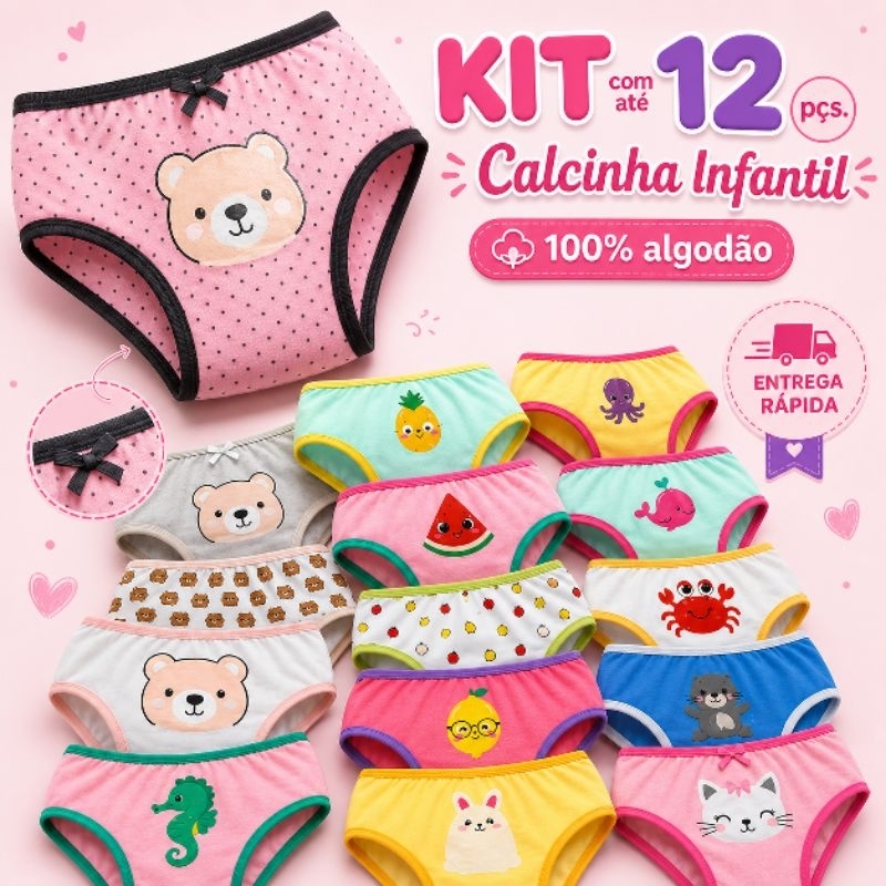 Kit Calcinha Infantil Menina 100% Algodão Estampas Sortidas P M G e GG