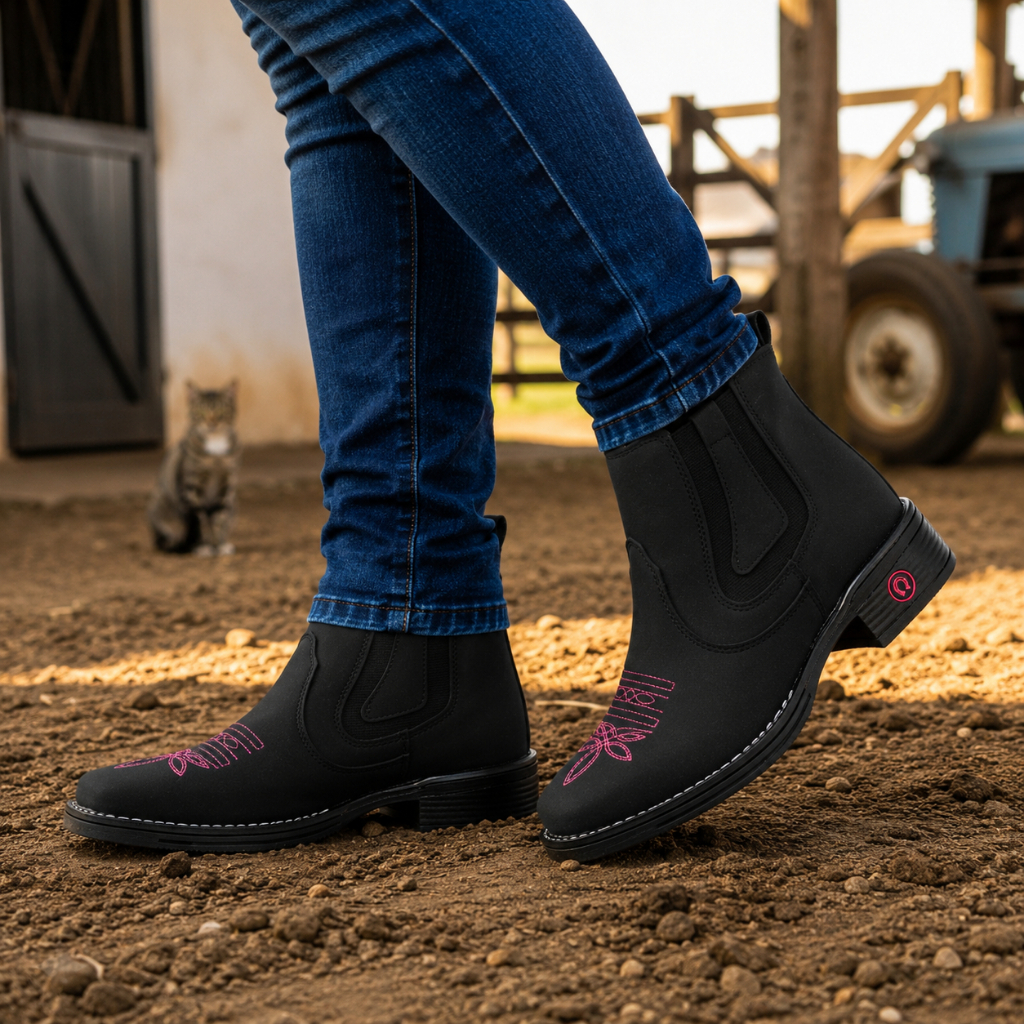 Bota Botina Feminina Country Western Cano Curto Bico Quadrado Bordada Salto Baixo Calce Fácil