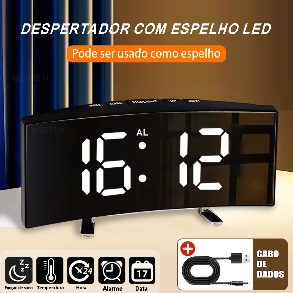 Relógio Portátil Alarm Despertador Digital Led Alarm Quarto Com Data Temperatura Espelho Curvado