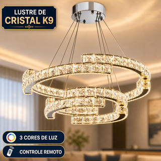 Lustre Pendente de Cristal K9 2 Anéis LED 60x40cm Dimerizável 3 Cores com Controle Remoto Bivolt