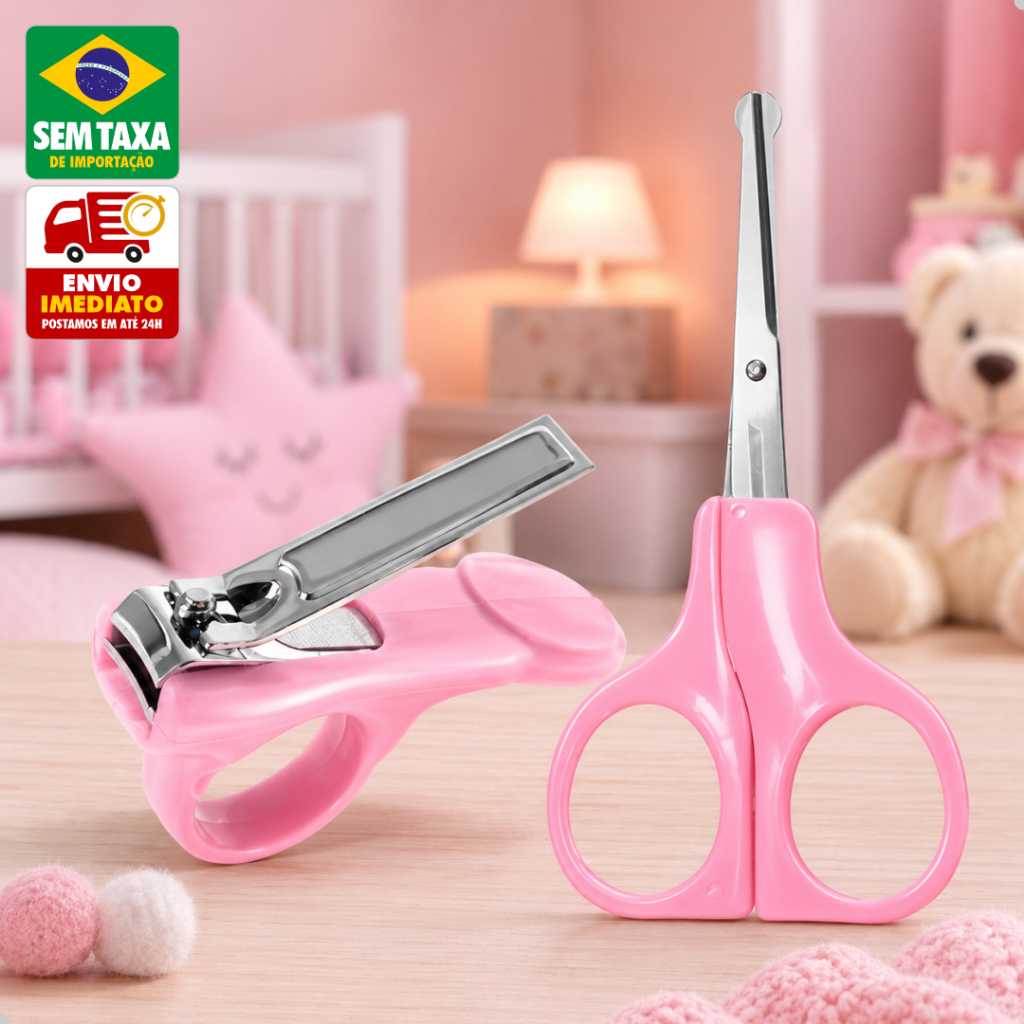 Kit Higiene Bebê Tesoura Ponta Curva e Cortador de Unha Infantil Rosa Azul Recém Nascido