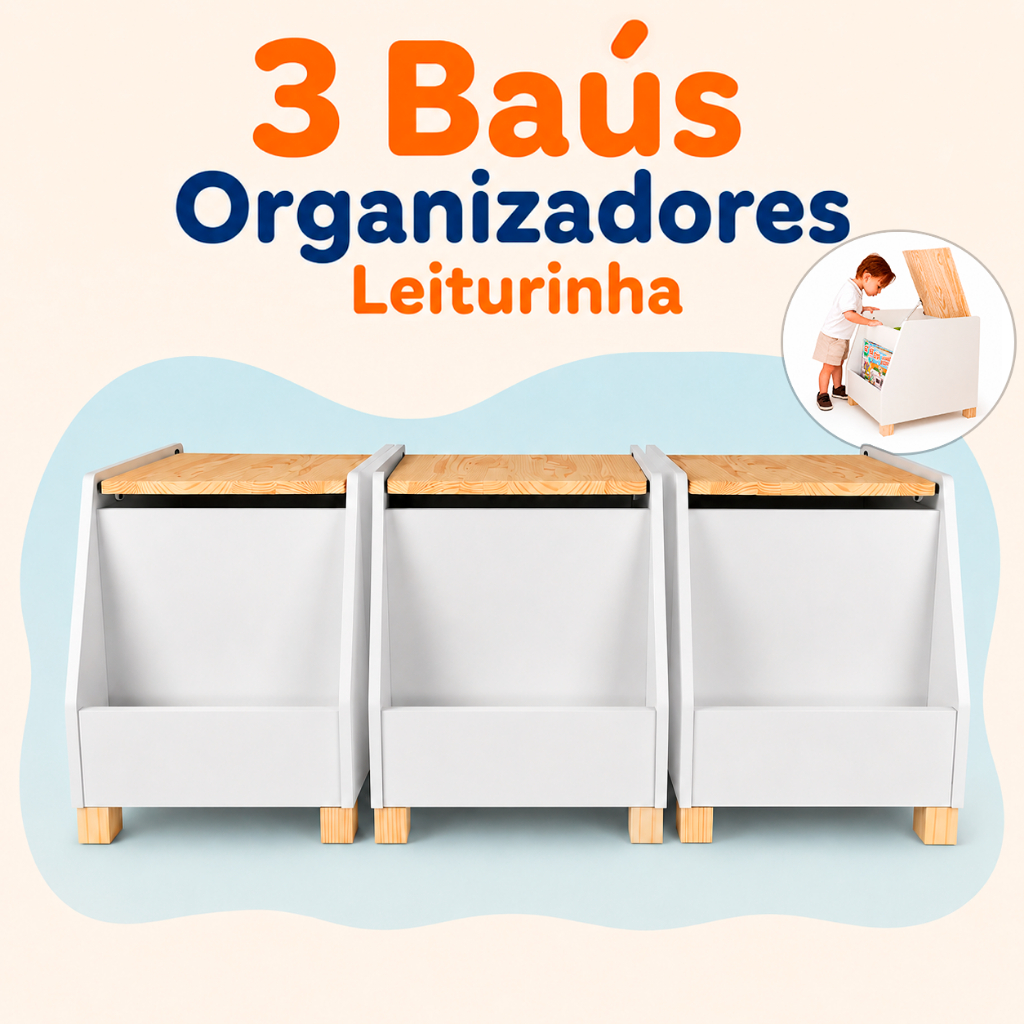 3 Baús Organizadores Leiturinha em Madeira MDF Infantil Kit livro Educativo