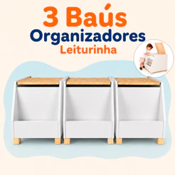 3 Baús Organizadores Leiturinha em Madeira MDF Infantil Kit livro Educativo