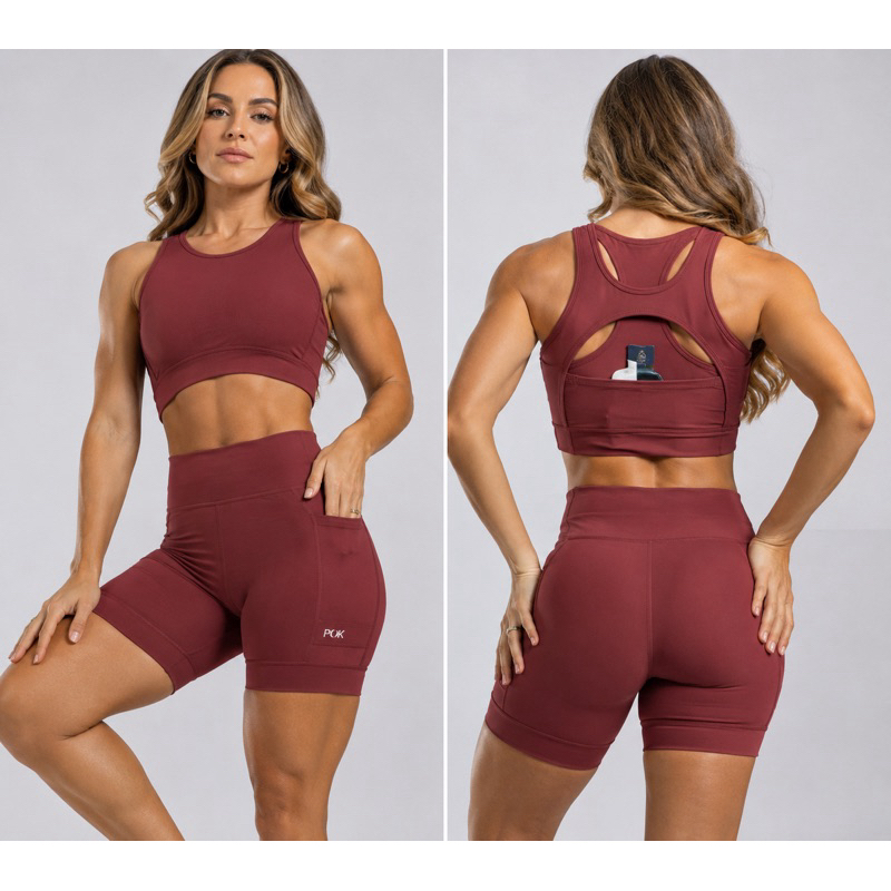 Conjunto Fitness Feminino Poliamida Premium para Corrida Academia Top com Bolsos e Short com Bolsos
