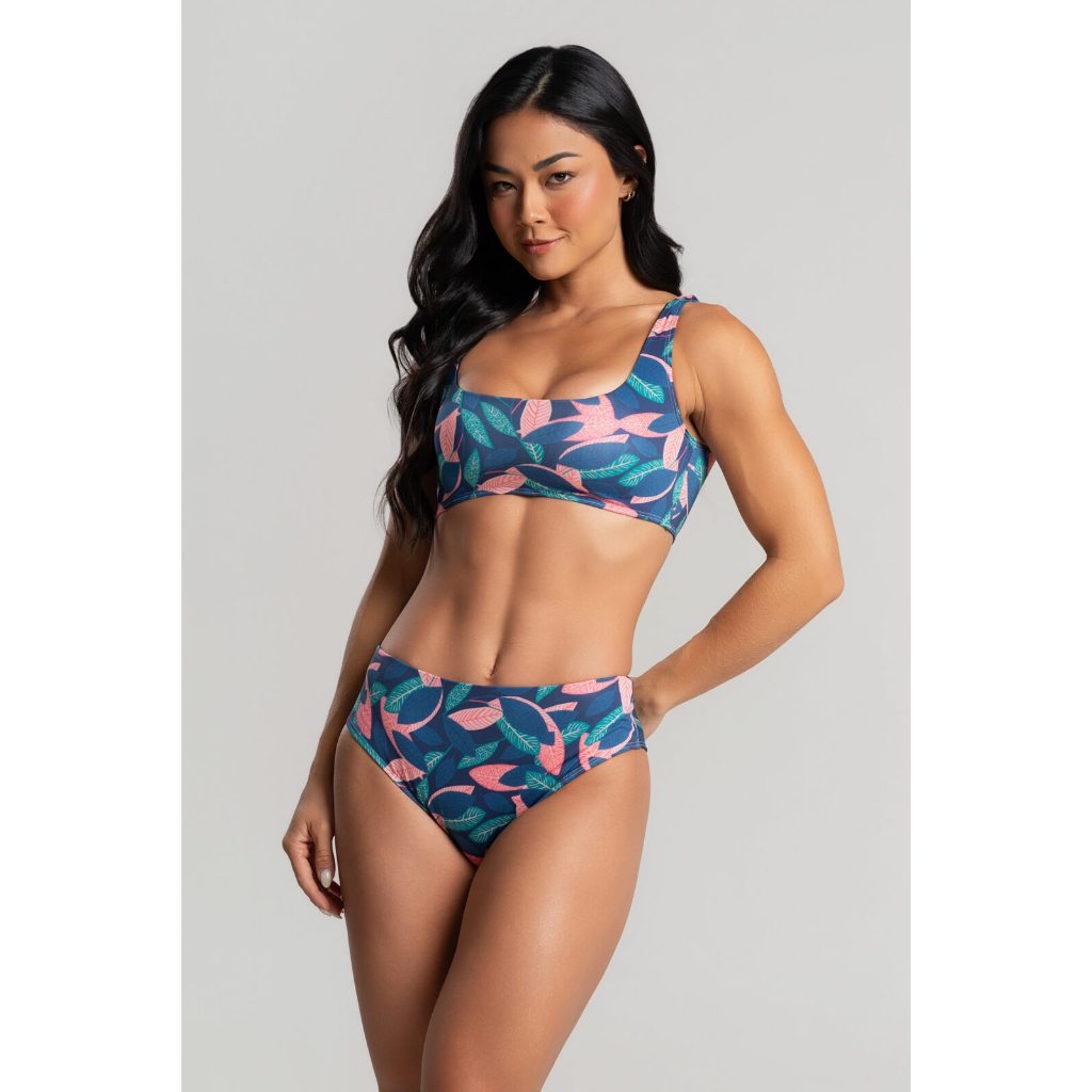 Biquini Top Regata Calcinha Cintura Alta Hot Pants Estampado Moda Praia e Piscina com Proteção Uv 50+