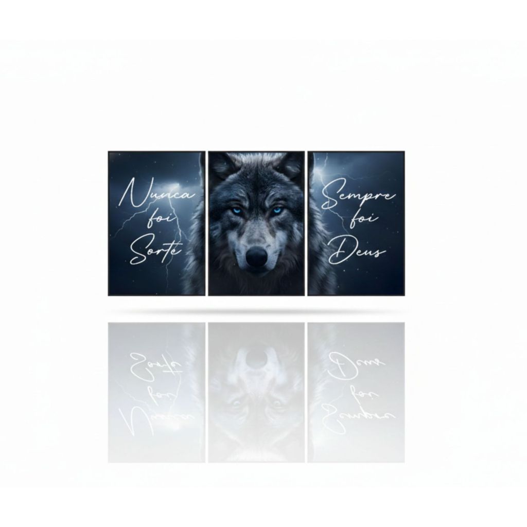 Kit Quadros Decorativos Lobo Motivacional Nunca Foi Sorte Sempre Foi Deus Religioso Sala Quarto Hall