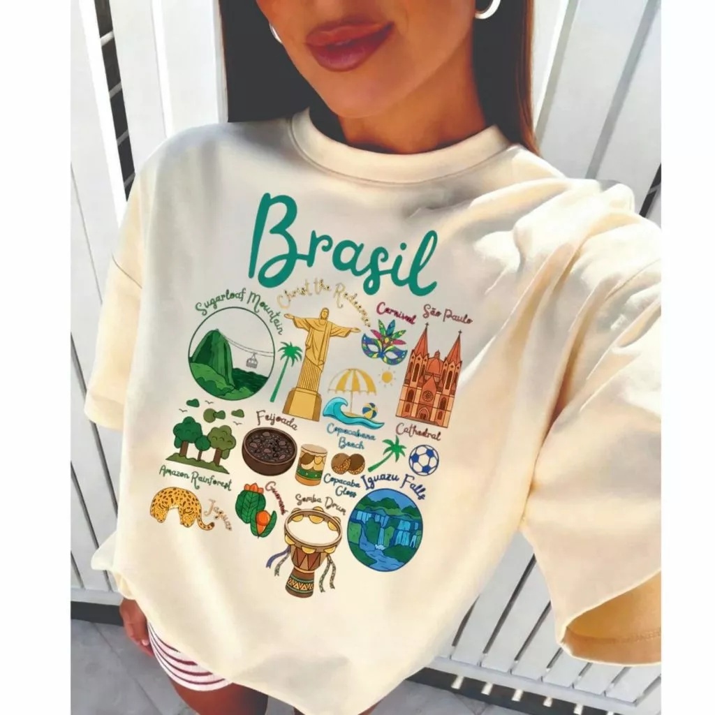 Camiseta Blusa Feminina Tropical Natureza 100% Algodão Estilosa Descolada Leve Confortável Brasil Tropical Cores Diversa