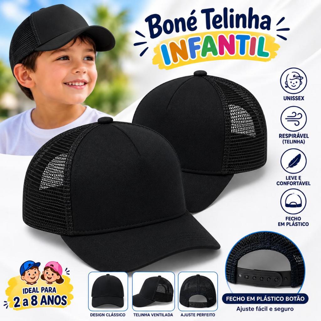 Boné Preto Infantil Telinha Ajustável  Aba Curva Trucker Menino e Menina
