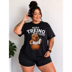 Camiseta Plus Size Feminina Academia Capivara Modo Treino Ativado Algodão Estampada G1 G2 G3 Casual Fitness