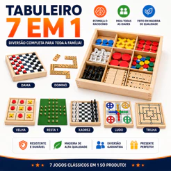 Jogos de Tabuleiro 7 em 1 – Inclui Dama, Dominó, Ludo, Trilha, Jogo da Velha, Xadrez e Resta Um