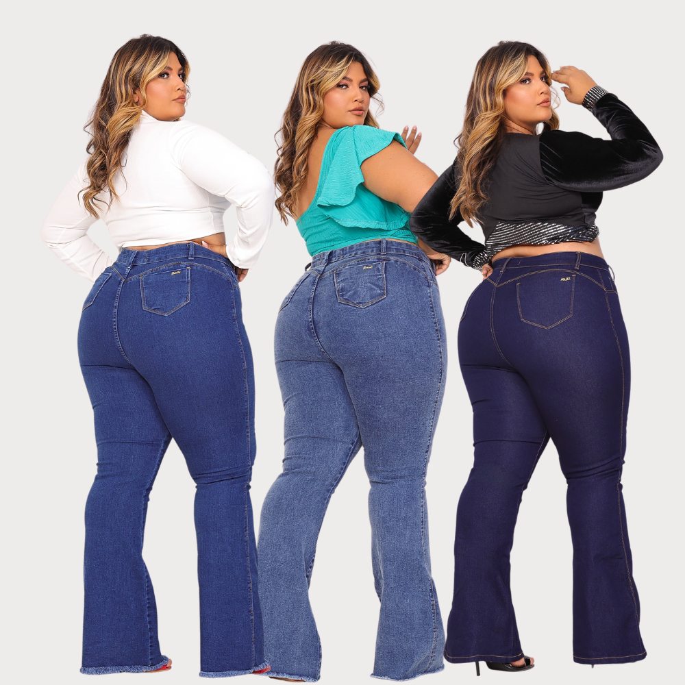 Kit 03 Calças Flare Feminina Plus Size Jeans Curve Premier Modelagem Empina Bumbum Lycra Cos Alto Boca de Sino