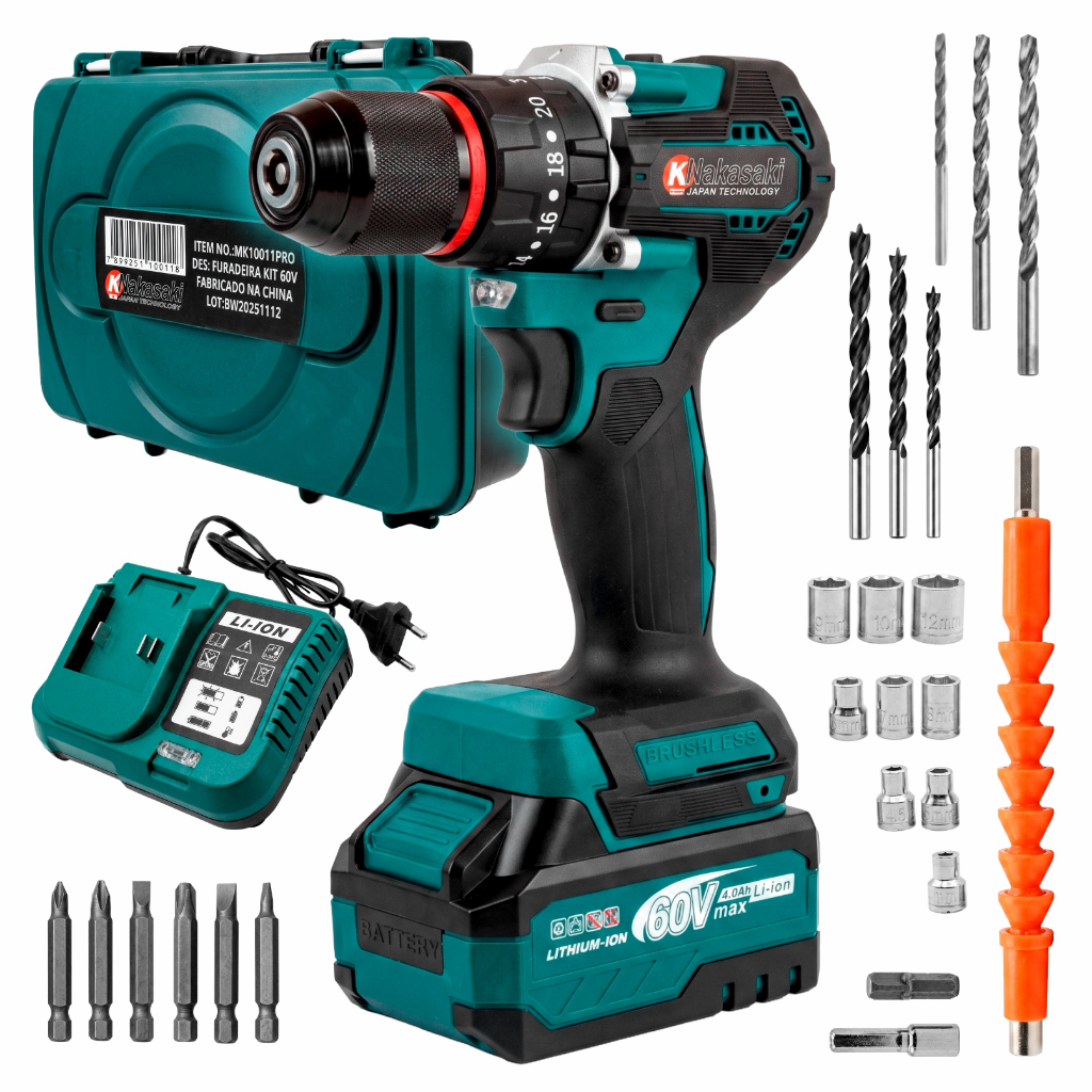 Brushless Parafusadeira Furadeira 60v Bateria Com Maleta Completo 55Nm Mandril 1