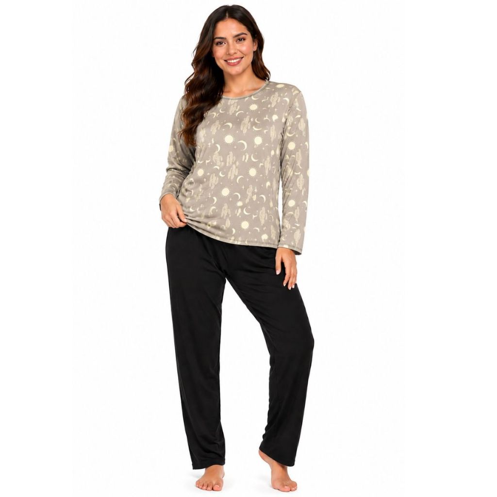 Conjunto Feminino Pijama Estampado Poliéster Adulto Manga Longa Calça Comprida Confortável Frio Inverno Dormir