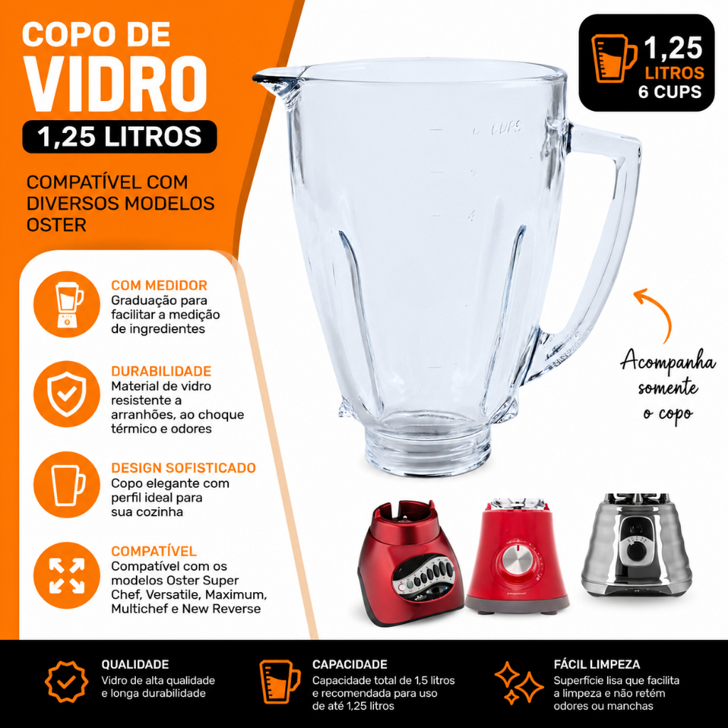 Copo de Vidro Liquidificador Compatível - Oster Osterizer - 1,25L Redondo Sem Tampa - Dasshaus