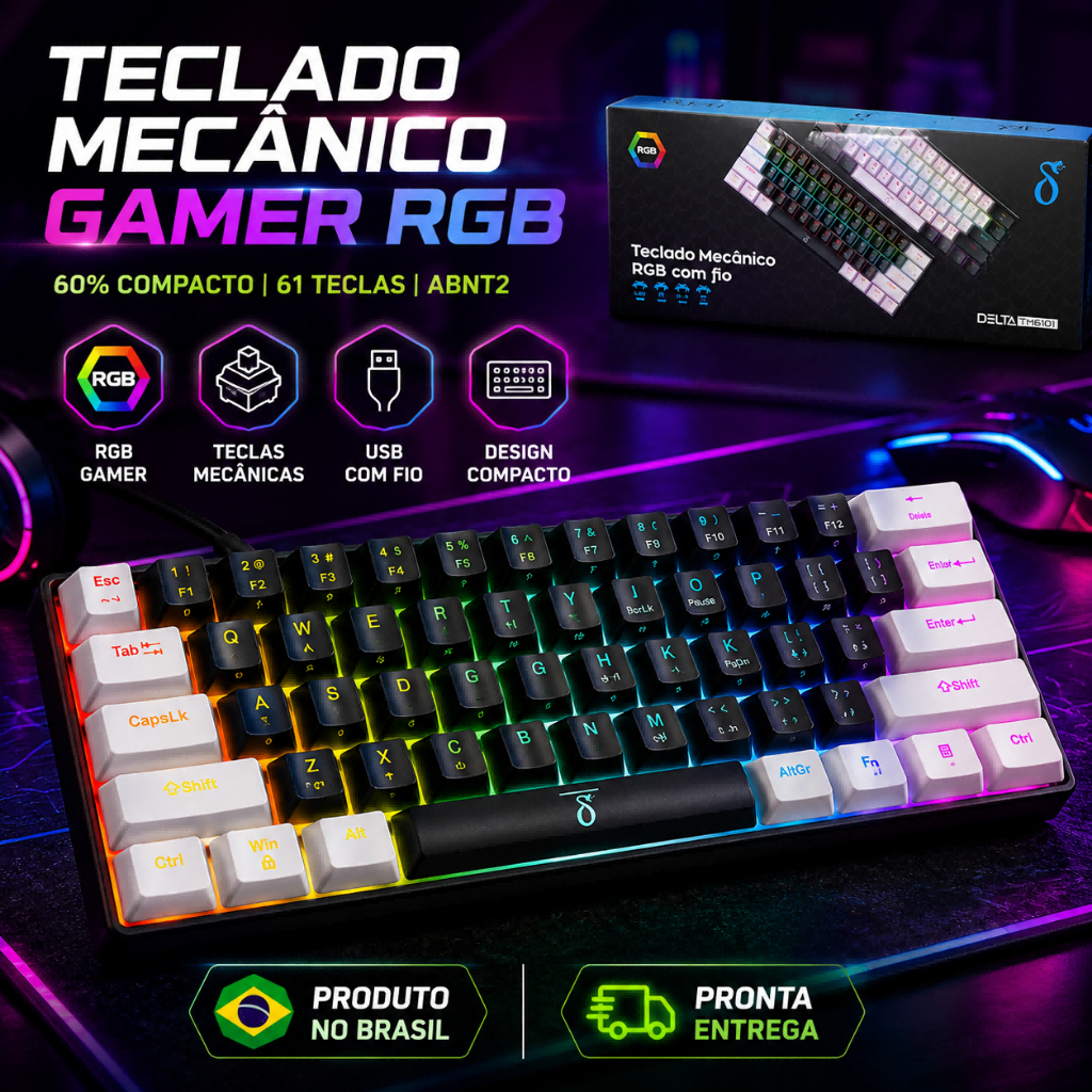 Teclado Gamer Mecânico RGB 60% AITEK Delta TM6101 Switch Vermelho USB ABNT2 61 T
