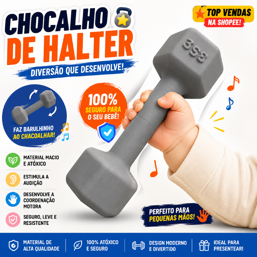 Chocalho para Bebê em Formato de Halter Montessori Sensorial Brinquedo Educativo Infantil