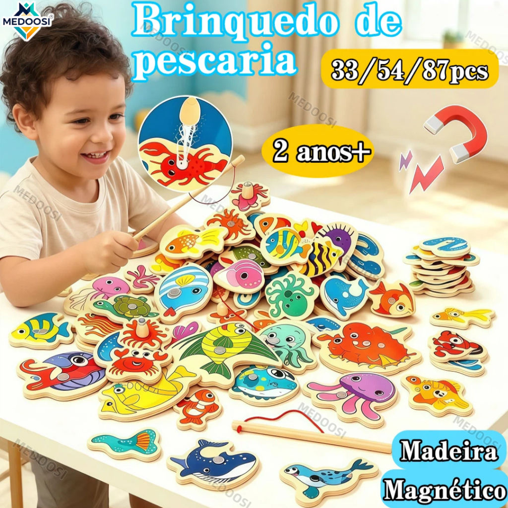 MEDOOSI 82/54/33 Peças Pescaria Magnética infantil Brinquedo Educacional de Madeira Jogo Montessori Interativo Pai-Filho