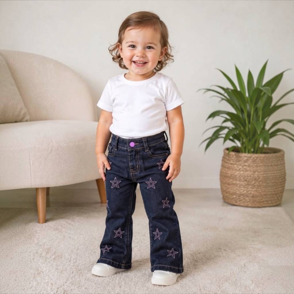 CALÇA LORDAN JEANS PREMIUM FLARE INFANTIL COM BORDADO DE ESTRELAS E REGULAGEM INTERNA 01 AO 03
