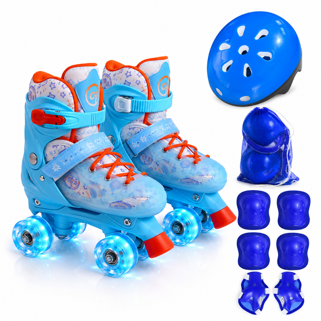 Patins Infantil Azul/Laranja Premium Tradicional 4 rodas Leds Coloridos Ajustável Com ou Sem Kit Segurança