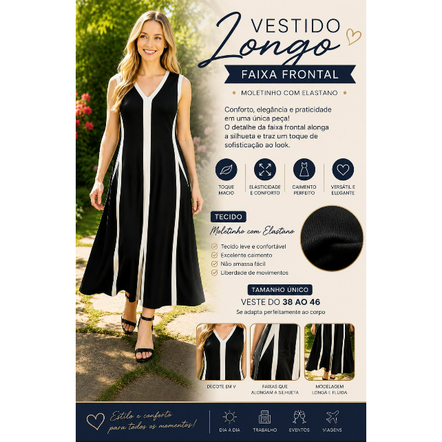 ✨ Vestido Longo com Faixa Frontal – Moletinho com Elastano ✨
