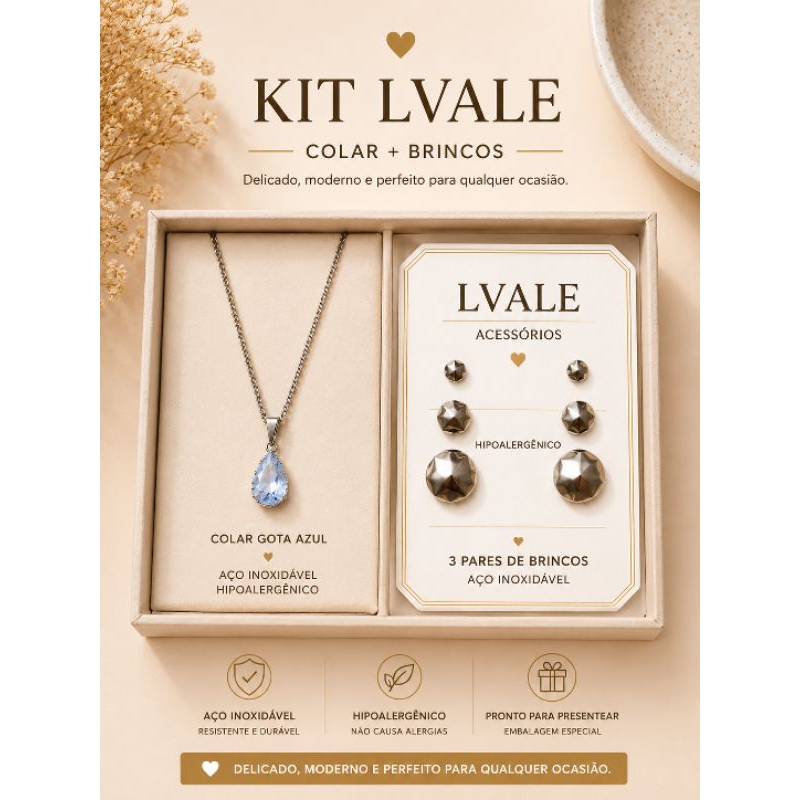 Kit Colar Gota ponto de luz + Brincos Femininos Aço Inoxidável Hipoalergênico Antialérgico