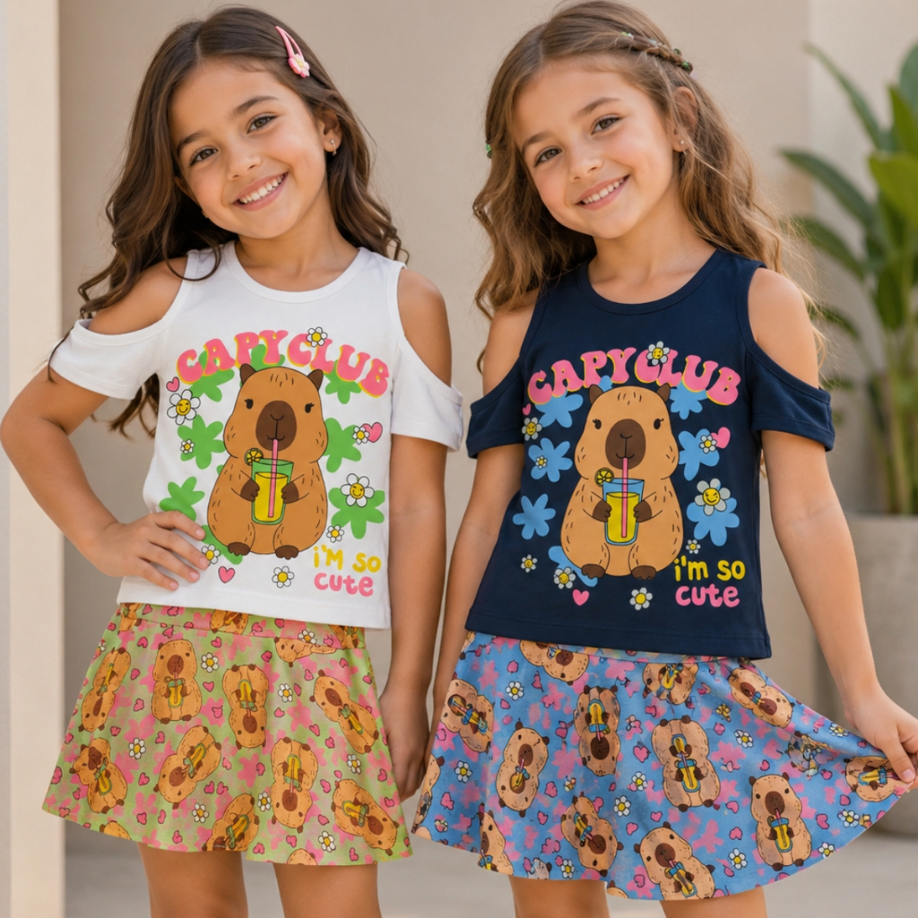 Conjunto Infantil Menina Verão Blogueirinha Capivara Premium - Camiseta Infantil + Short Saia - Roupa Infantil Menina