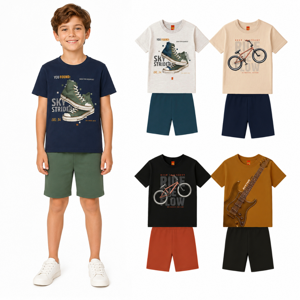 Conjunto Infantil Menino Kyly Verão Camiseta Estampada e Bermuda Moletom Lançamento Calor 1001911